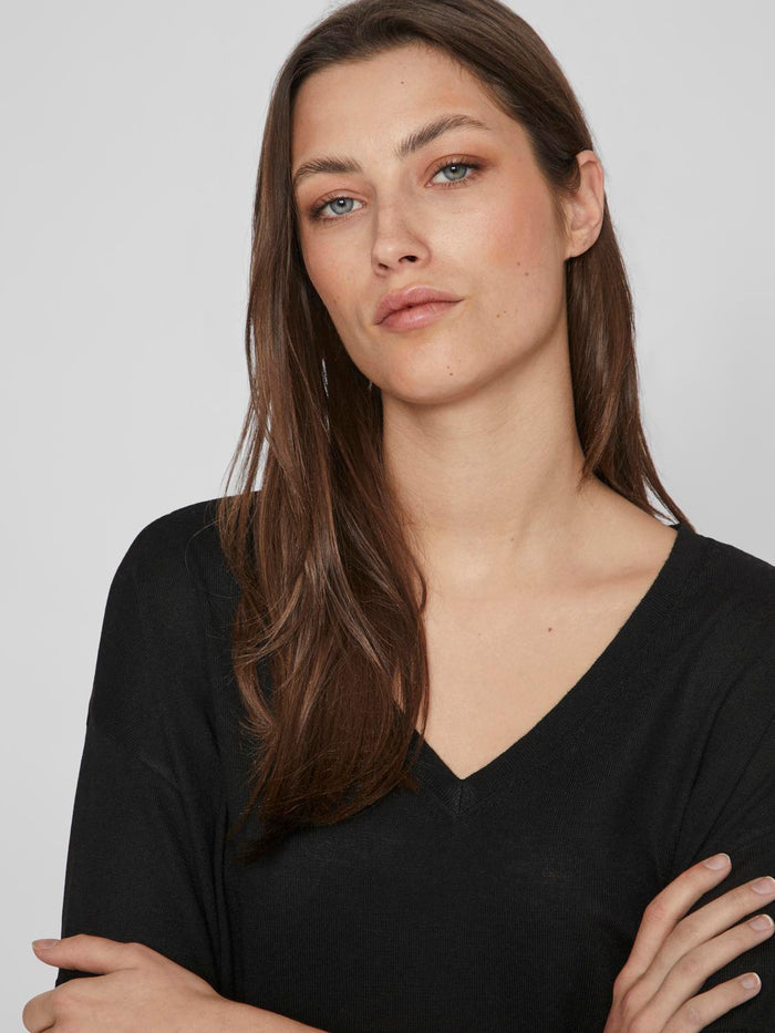Beryl V-Neck Knit Top (Black)