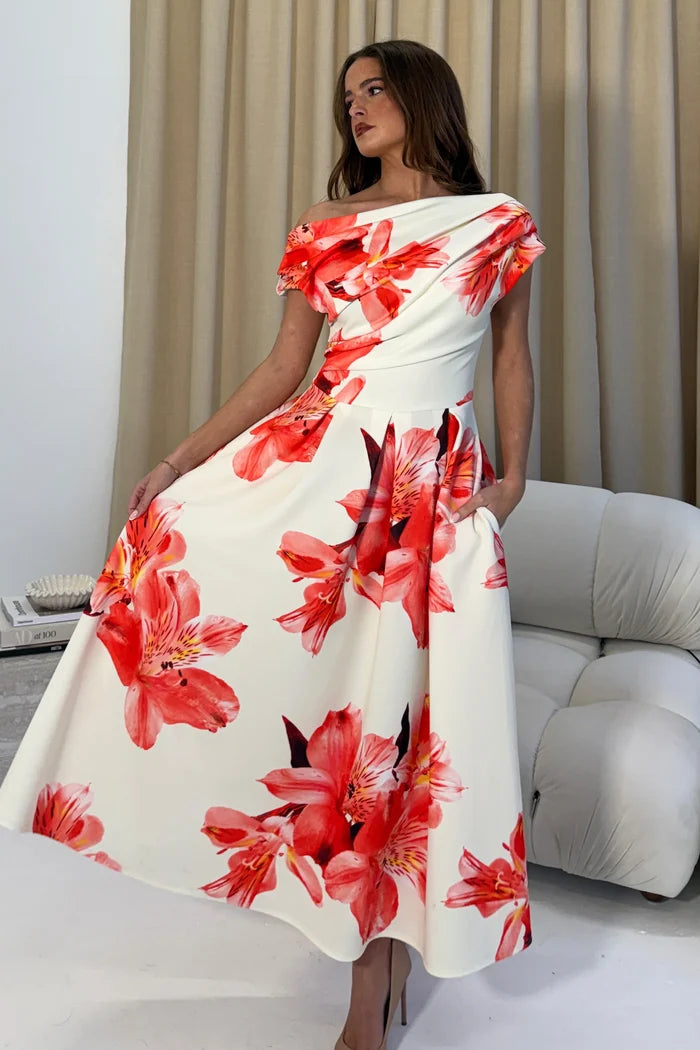 Betty Asymmetric Midi Dress (Floral Print)