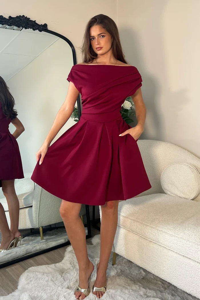 Betty Asymmetric Mini Skater Dress (Berry)