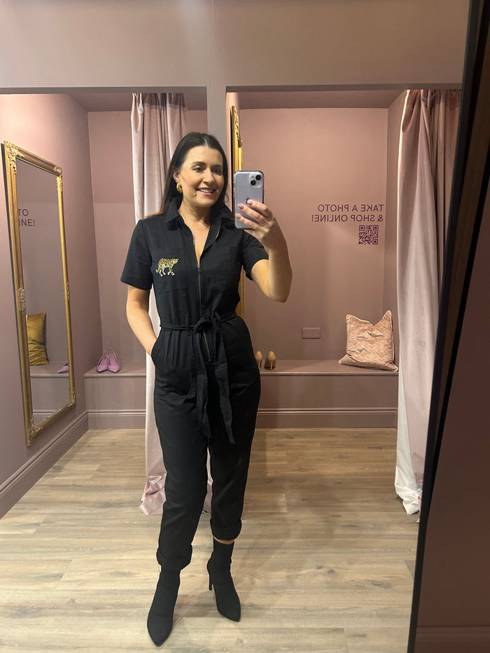 BILLY BOILERSUIT (BLACK, LEOPARD POCKET)