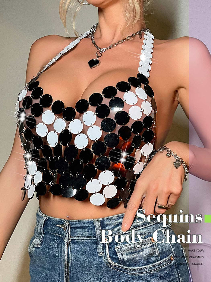 Black and Silver Round Sequin Halter Tank Top