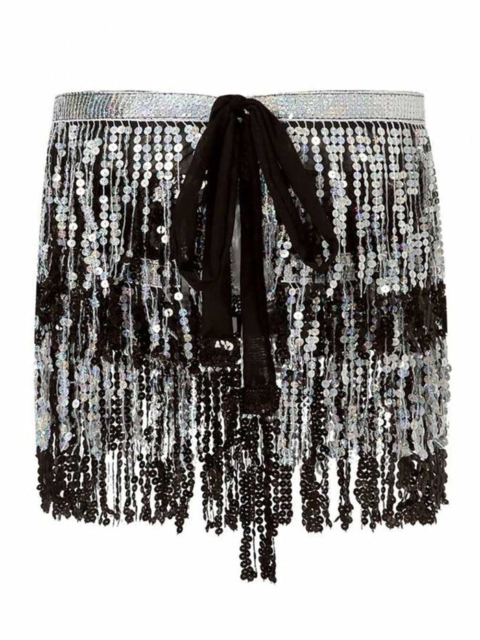 Black and Silver Sequin Fringe Skirt