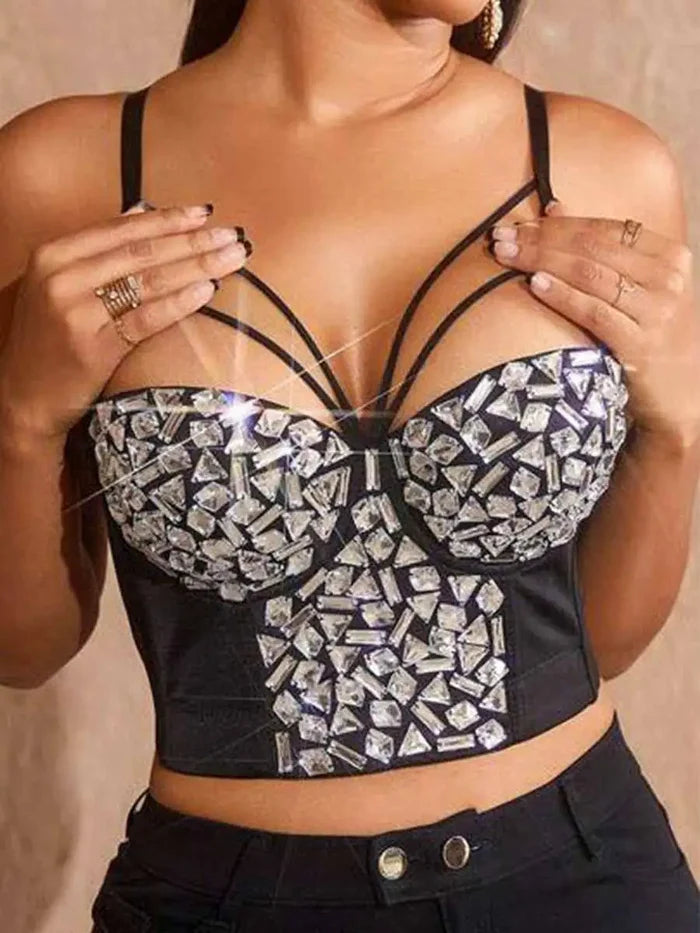 Black Corset Rhinestone - Suspender Crystal Bra Top