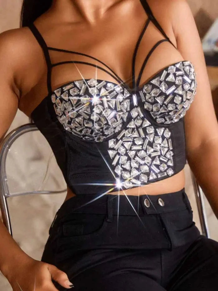 Black Corset Rhinestone - Suspender Crystal Bra Top