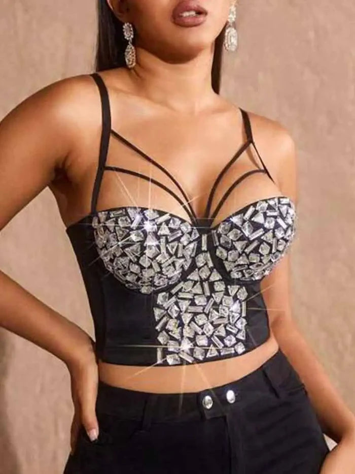 Black Corset Rhinestone - Suspender Crystal Bra Top