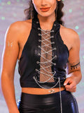 Black Crop Top With Rhinestones - Punk Metal Chain Top