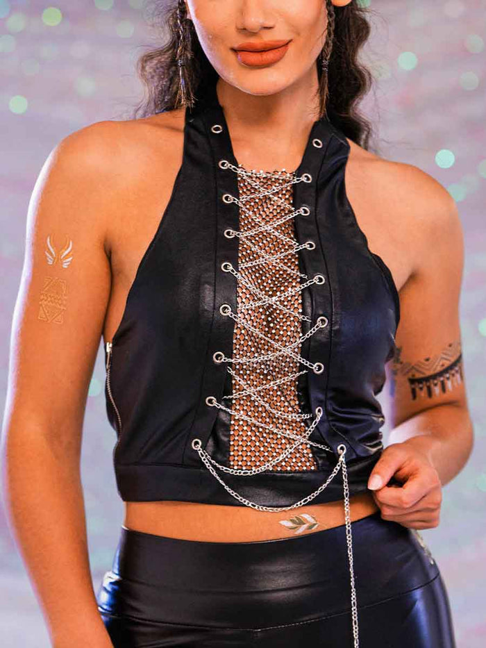 Black Crop Top With Rhinestones - Punk Metal Chain Top