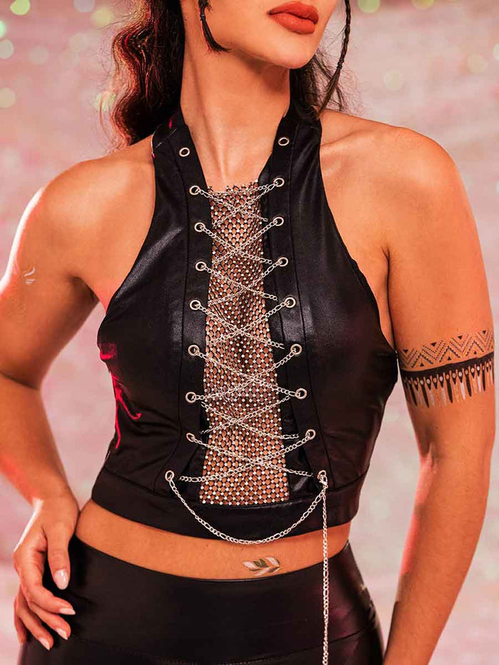 Black Crop Top With Rhinestones - Punk Metal Chain Top