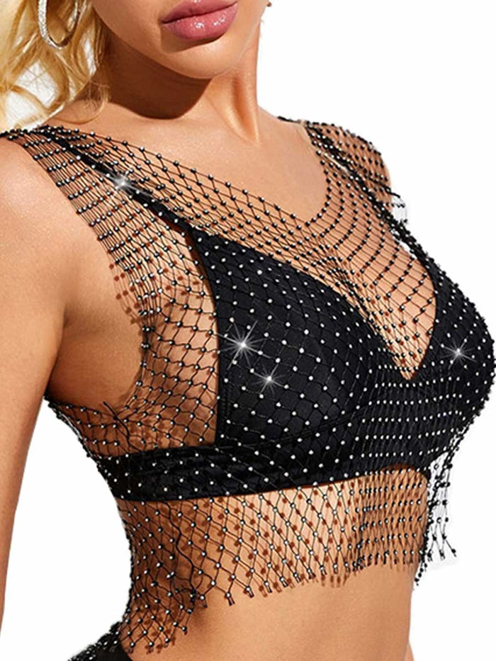 Black Crystal Mesh Cover-up Top