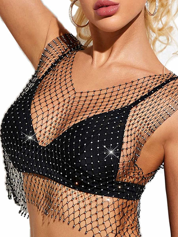 Black Crystal Mesh Cover-up Top