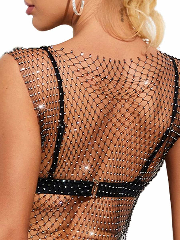 Black Crystal Mesh Cover-up Top