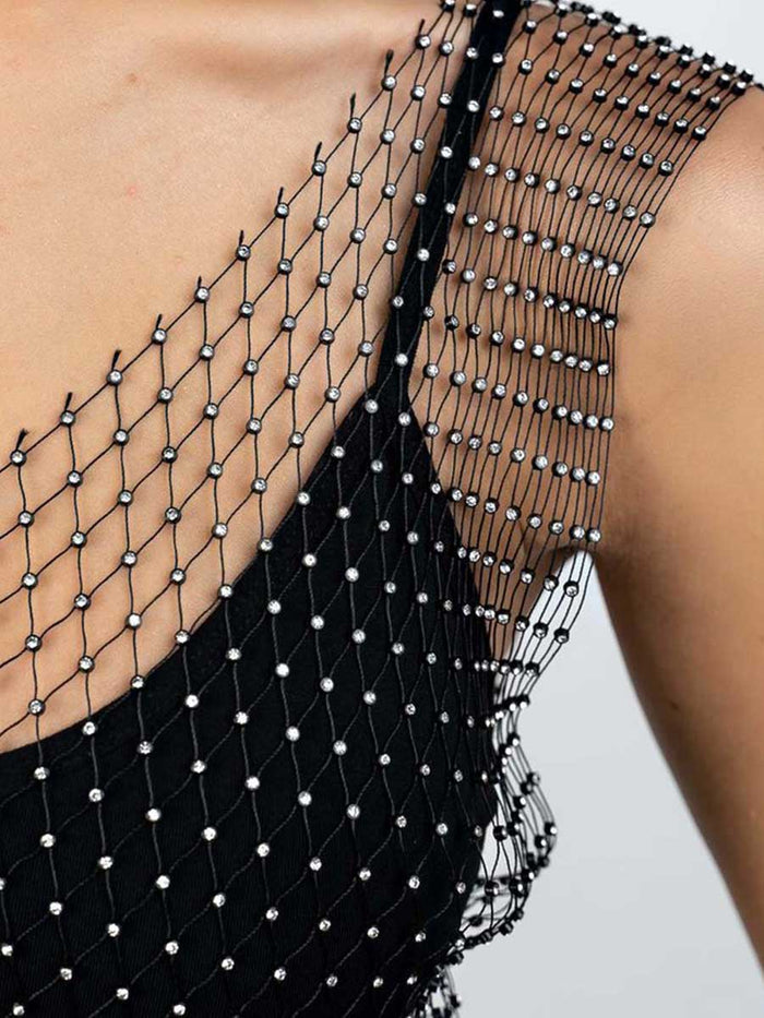 Black Crystal Mesh Cover-up Top