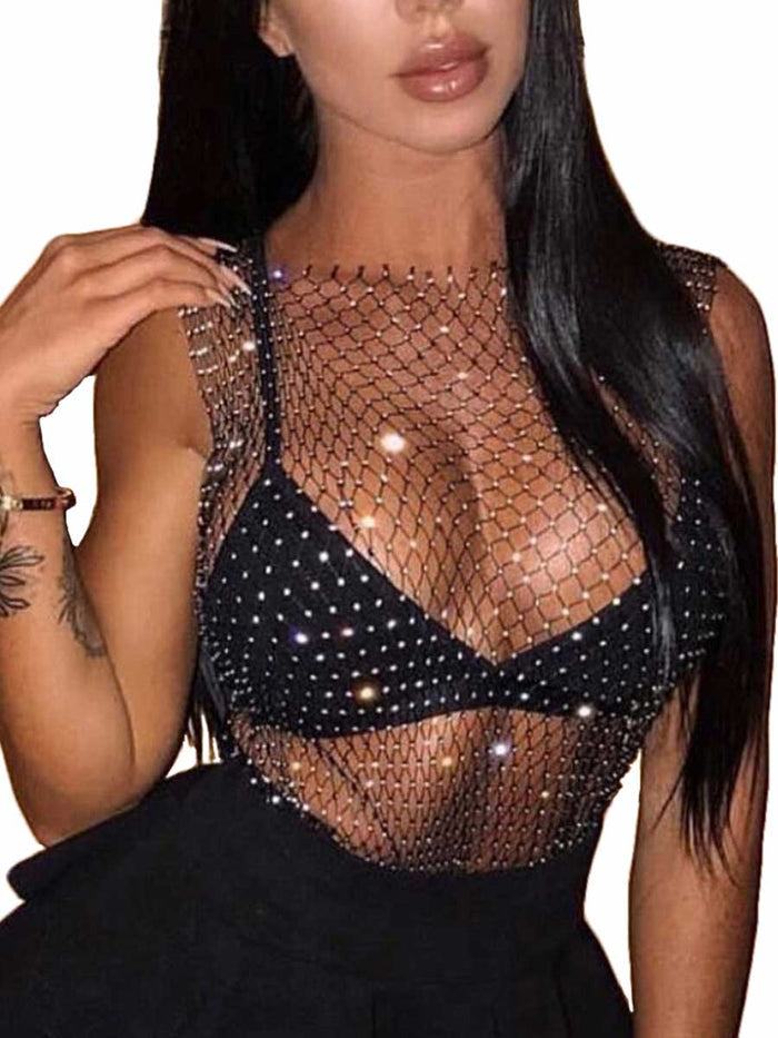 Black Crystal Mesh Cover-up Top