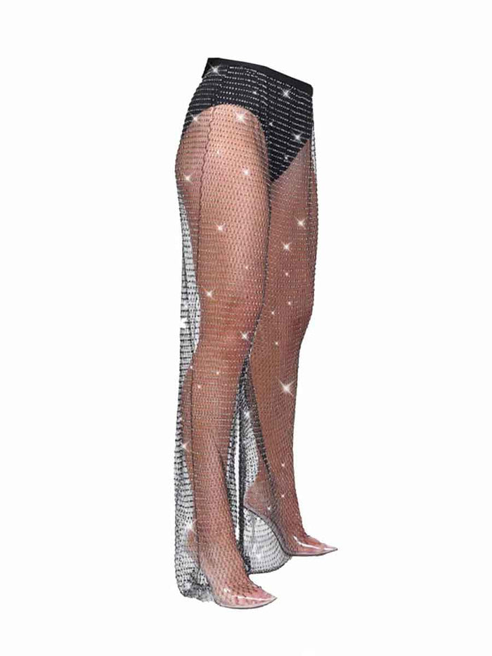 Black Dazzling Mesh Rhinestone Loose Pants