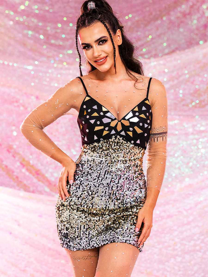 Black Dress With Silver Sequins - Mirror Rhinestone Dress