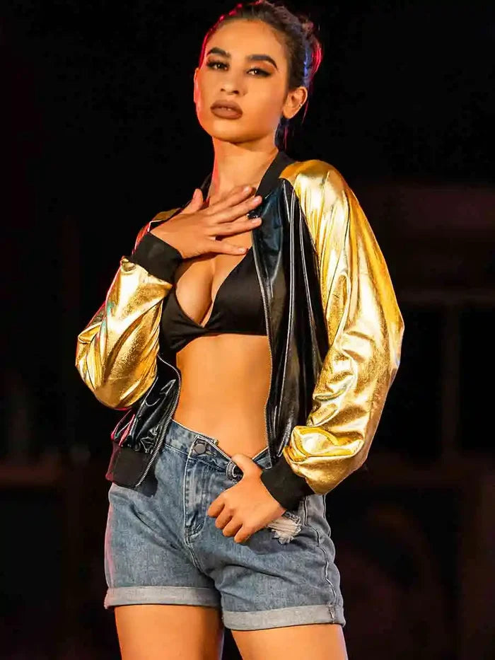 Black Leather Bomber Jacket With Gold Reflective Sleeves