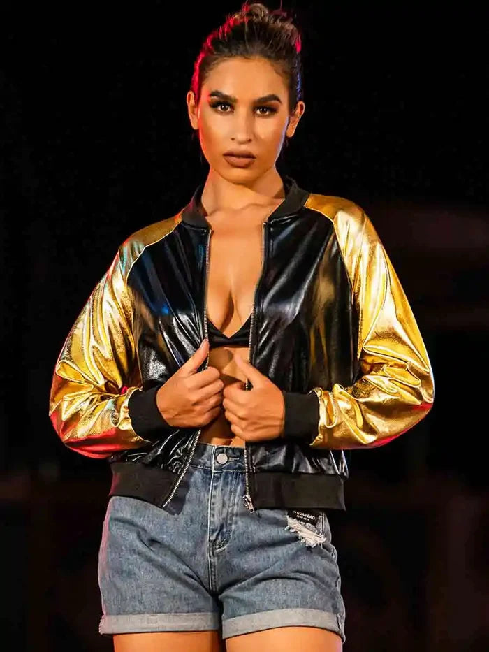 Black Leather Bomber Jacket With Gold Reflective Sleeves