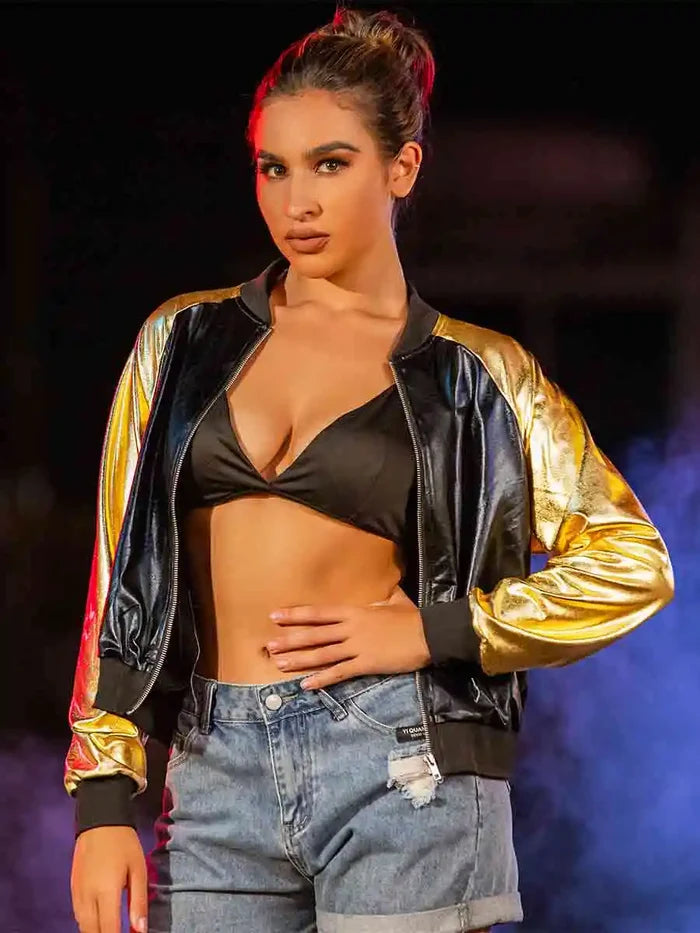 Black Leather Bomber Jacket With Gold Reflective Sleeves