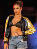 Black Leather Bomber Jacket With Gold Reflective Sleeves