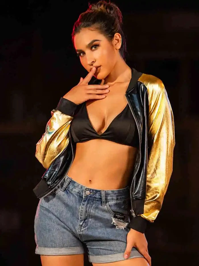 Black Leather Bomber Jacket With Gold Reflective Sleeves