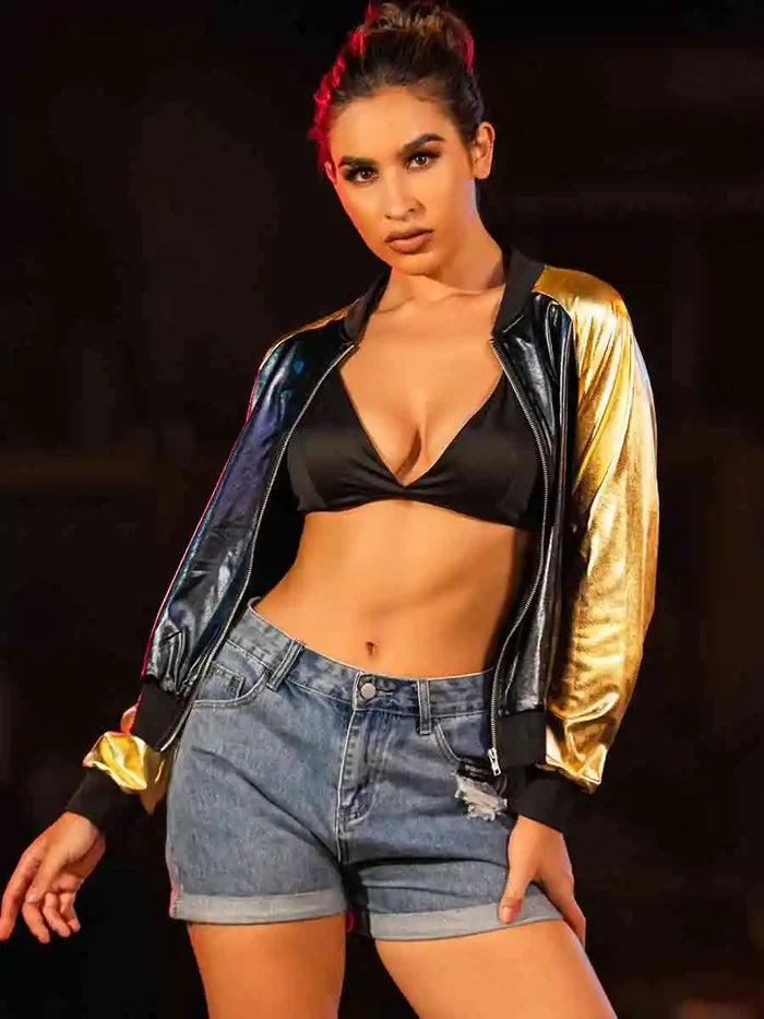 Black Leather Bomber Jacket With Gold Reflective Sleeves