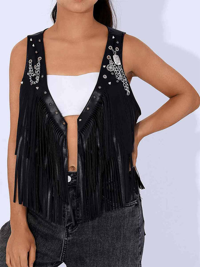 Black Leather Fringe Reflective Vest