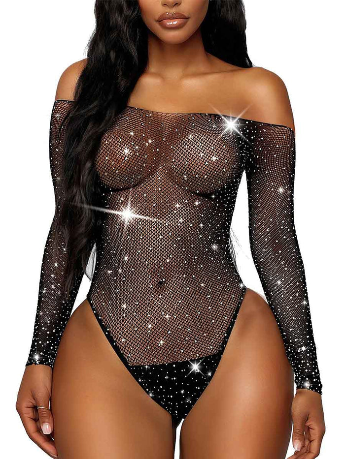 Black Long-Sleeve Off-Shoulder Rhinestone Mesh Bodysuit