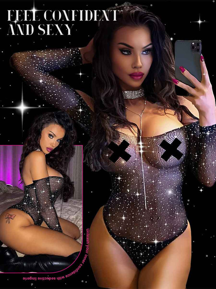 Black Long-Sleeve Off-Shoulder Rhinestone Mesh Bodysuit