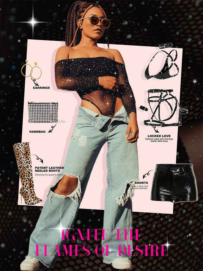 Black Long-Sleeve Off-Shoulder Rhinestone Mesh Bodysuit