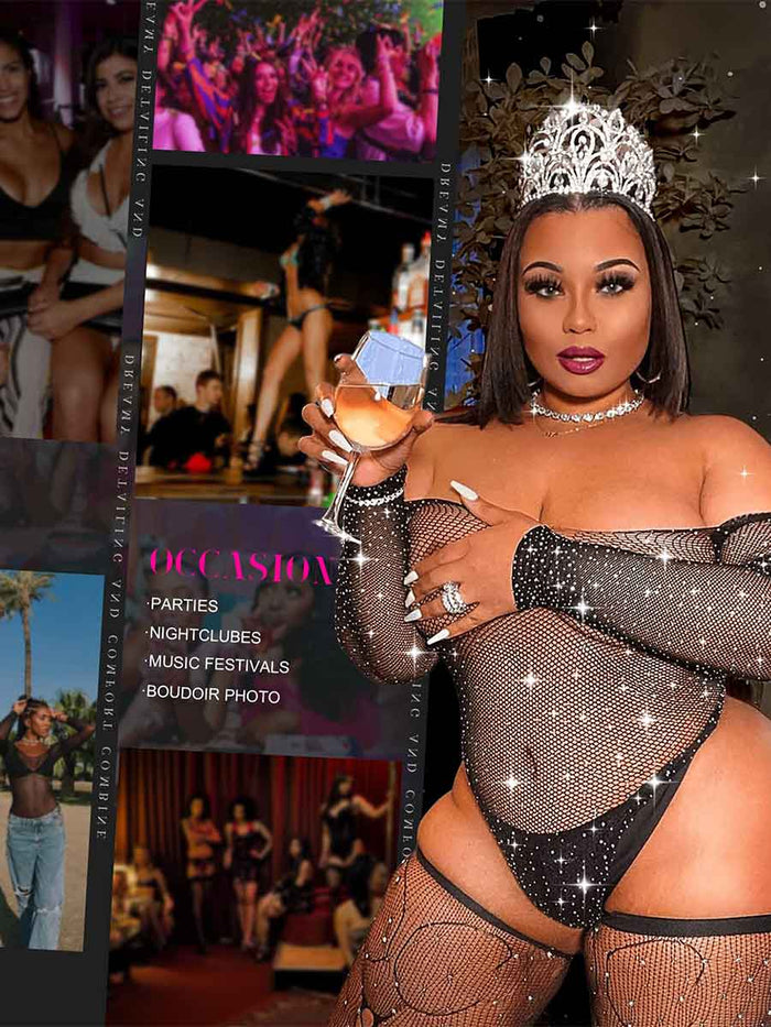 Black Long-Sleeve Off-Shoulder Rhinestone Mesh Bodysuit