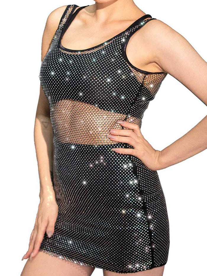 Black mesh dress with sparkling crystals