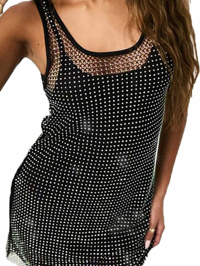 Black mesh dress with sparkling crystals