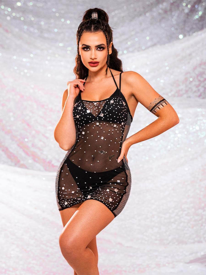 Black Mini Cami Dress with Sheer Mesh and Rhinestones