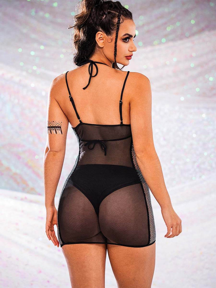 Black Mini Cami Dress with Sheer Mesh and Rhinestones