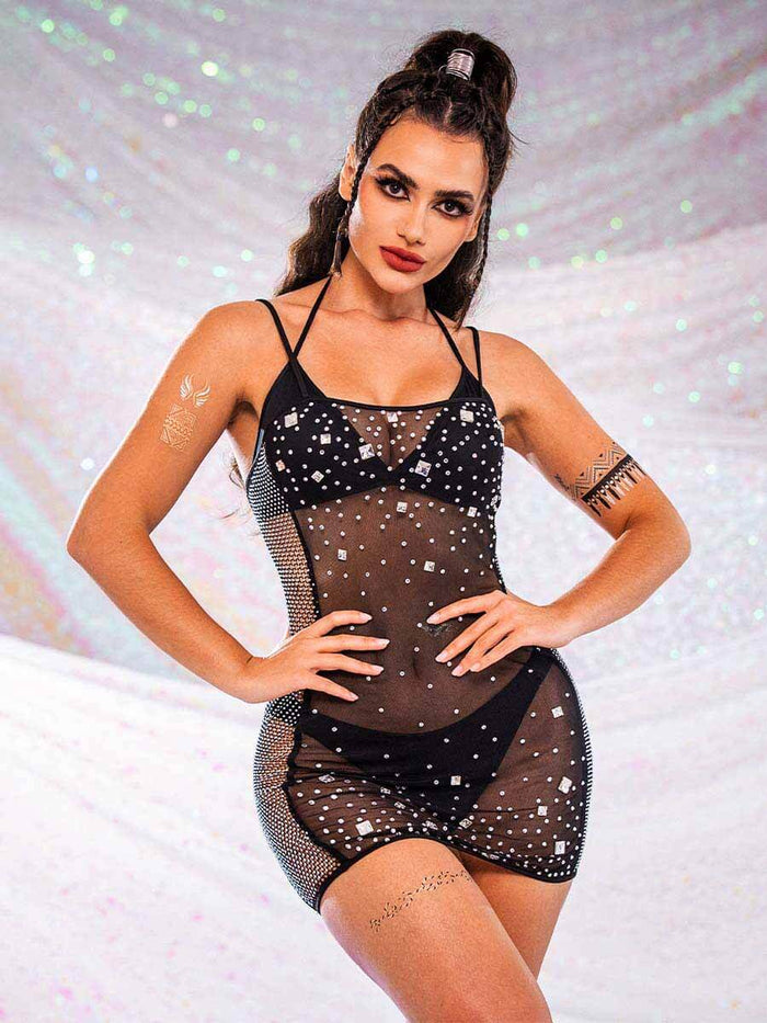 Black Mini Cami Dress with Sheer Mesh and Rhinestones