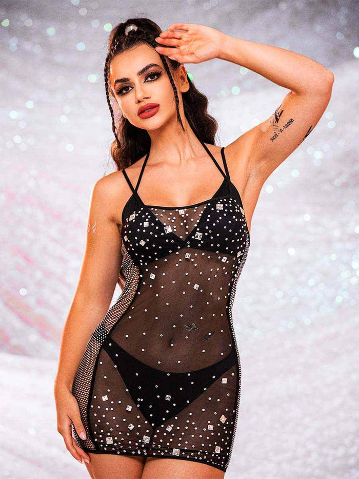 Black Mini Cami Dress with Sheer Mesh and Rhinestones