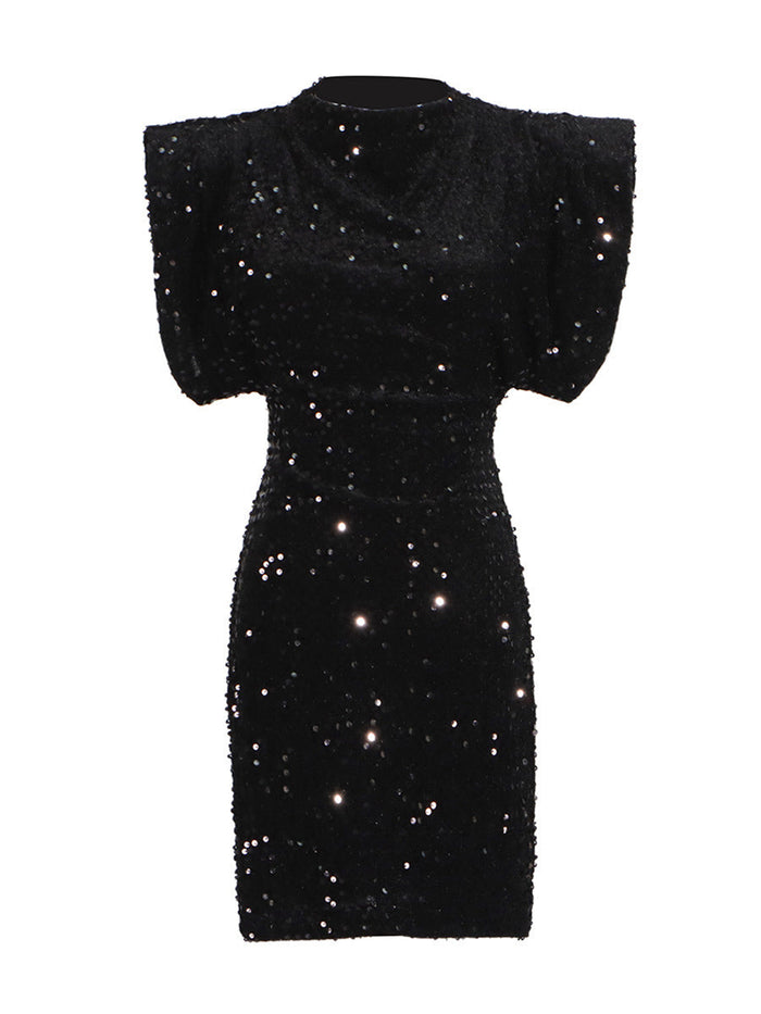 Black Padded Shoulder Fitted Sequin Bodycon Dress