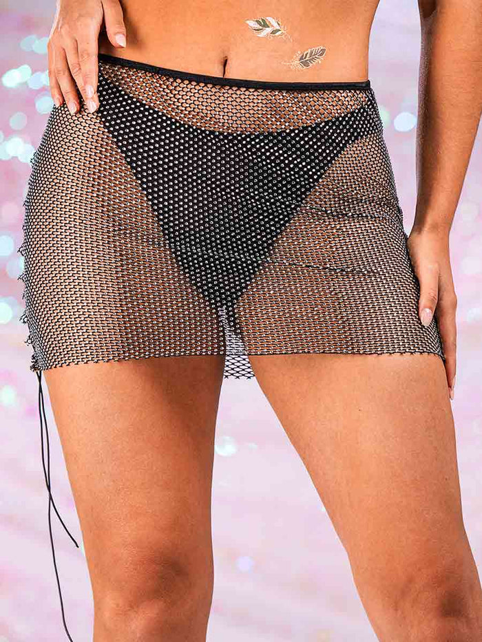Black Rhinestone Mini Skirt - Mesh Breathable Short Skirt