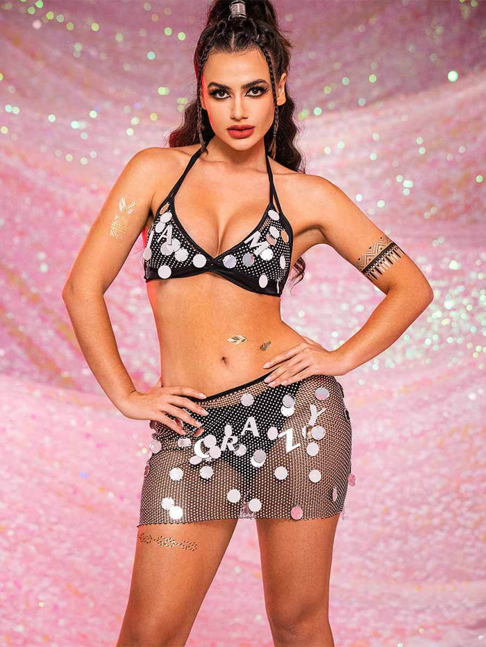 Black Rhinestone Two Piece Set - Suspender Bra + Mini Skirt