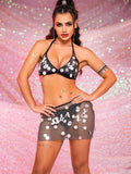 Black Rhinestone Two Piece Set - Suspender Bra + Mini Skirt