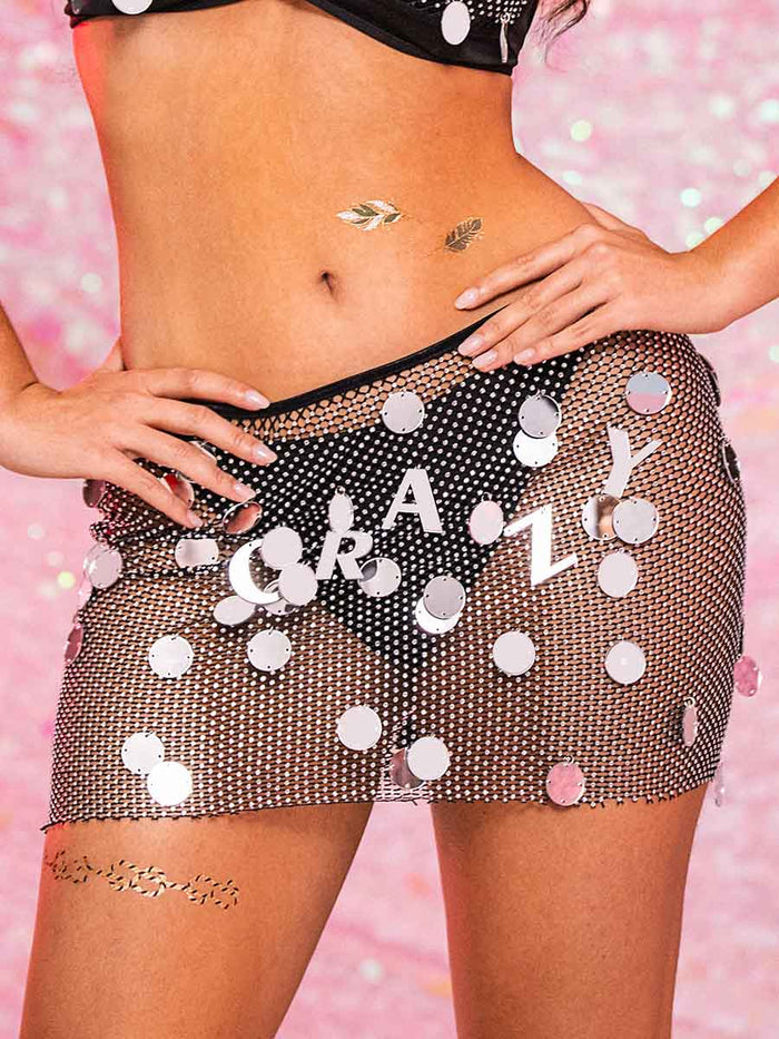 Black Rhinestone Two Piece Set - Suspender Bra + Mini Skirt