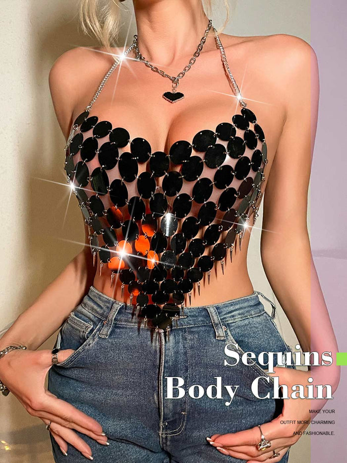 Black Round Sequin Halter Tank Top