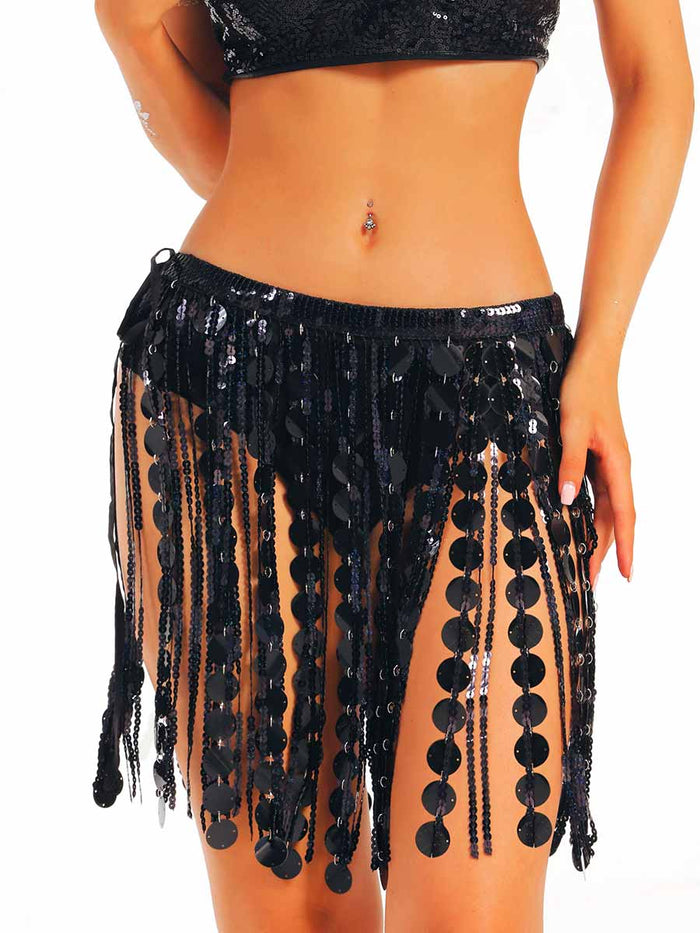 Black Sequin Fringe Party Skirt