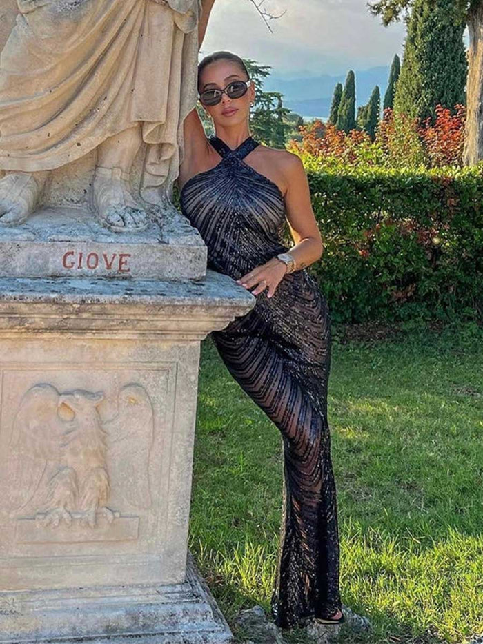 Black Sequin Strapless Slip Party Maxi Gown