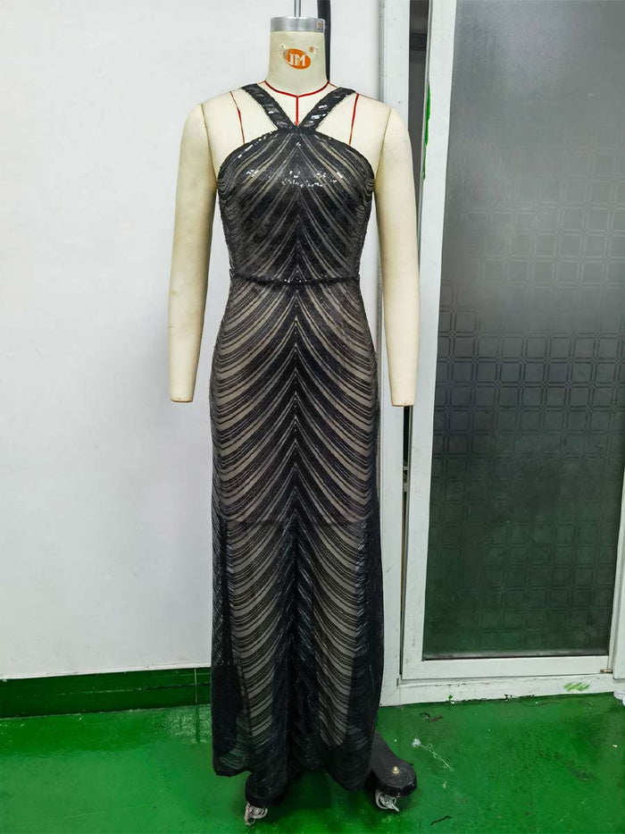 Black Sequin Strapless Slip Party Maxi Gown