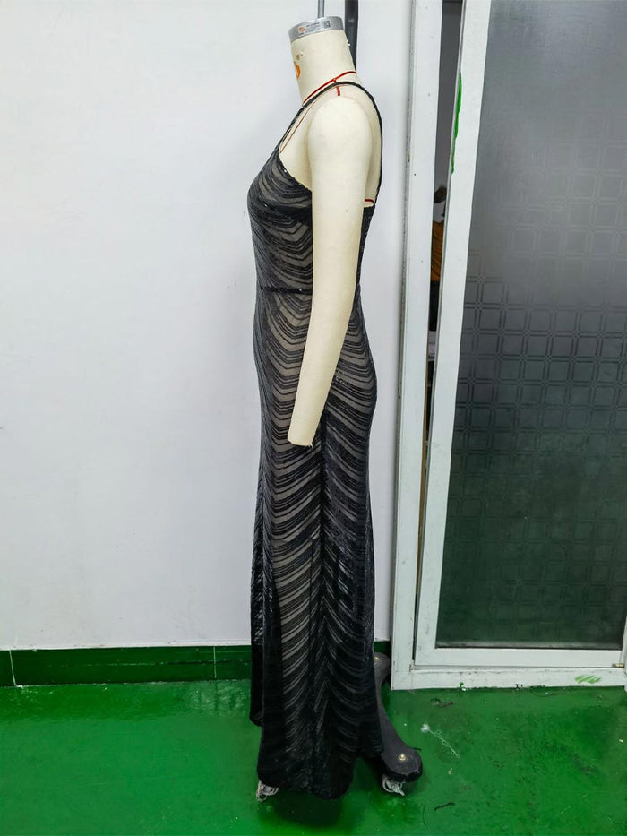 Black Sequin Strapless Slip Party Maxi Gown
