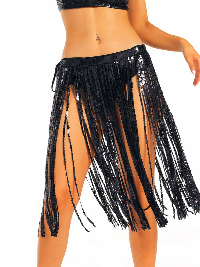 Black Sequin Tassel Midi Skirt