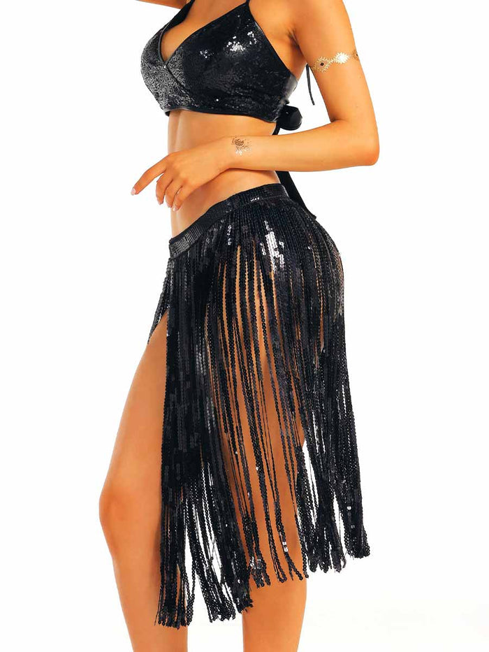 Black Sequin Tassel Midi Skirt