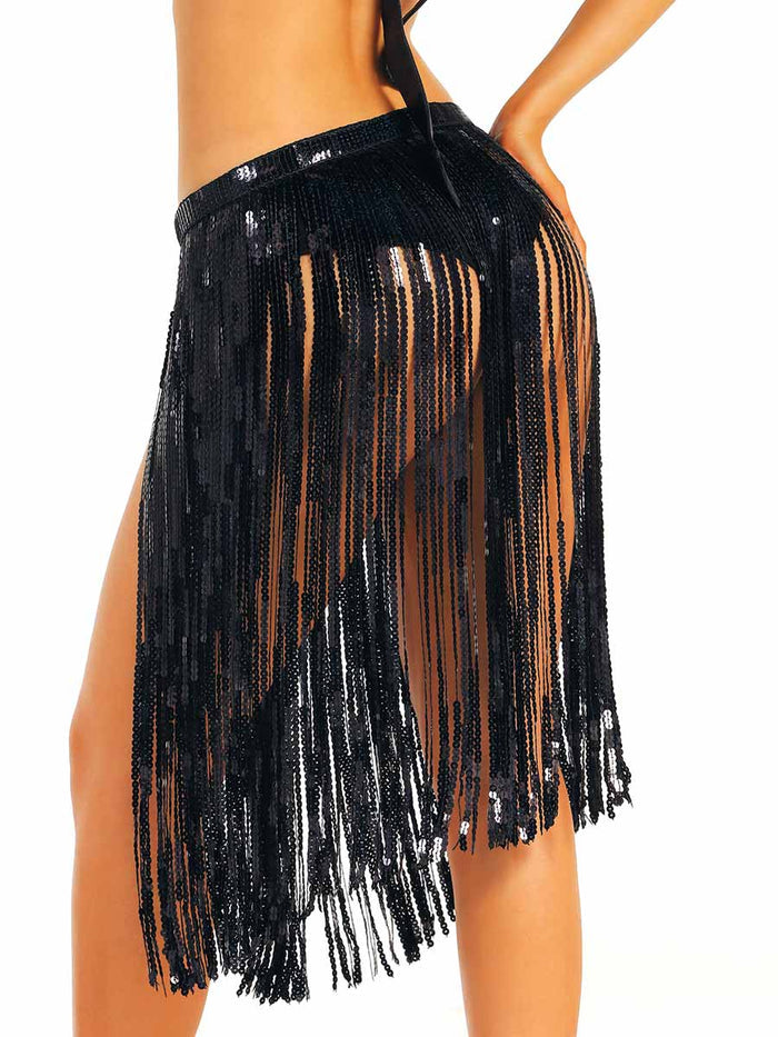 Black Sequin Tassel Midi Skirt