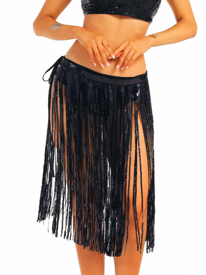 Black Sequin Tassel Midi Skirt